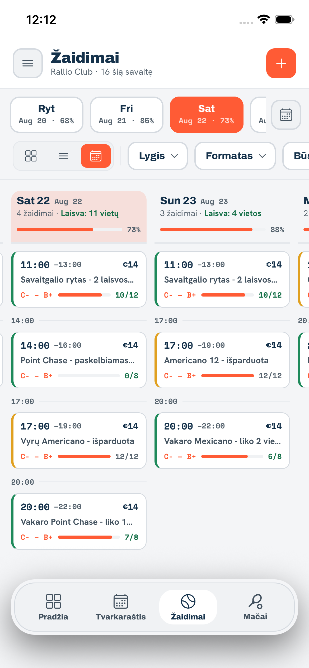 Pasižaidimų rodinys Rallio žaidėjo programėlėje