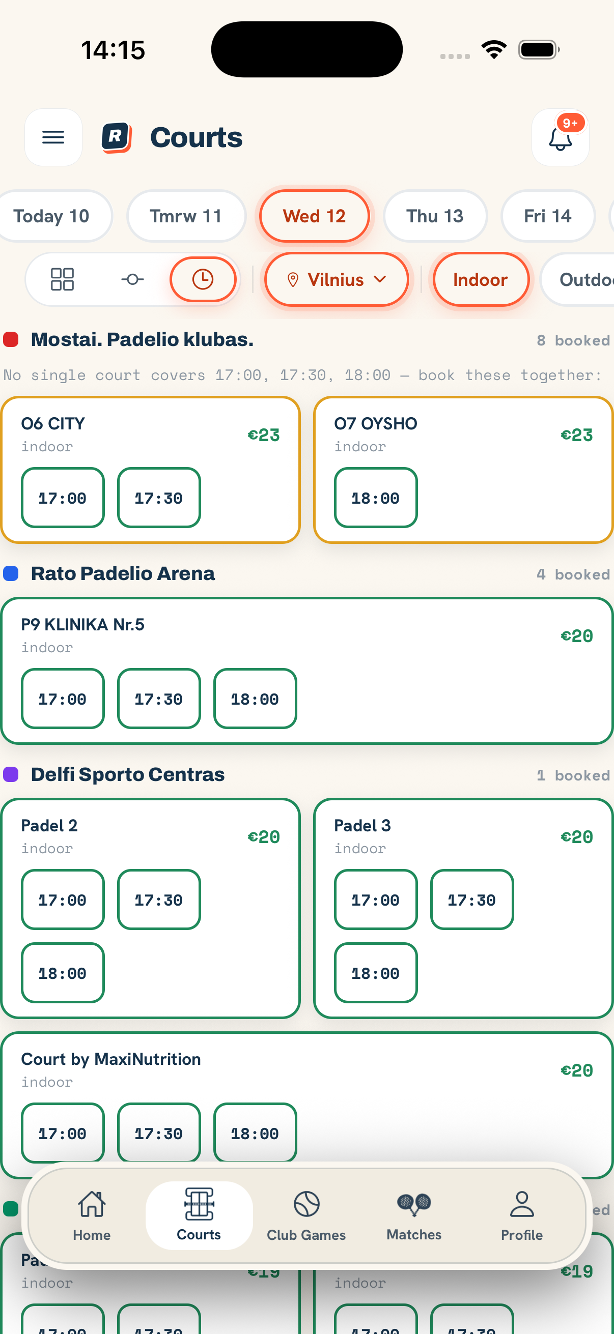 Alert for one exact court and hour in the Rallio app