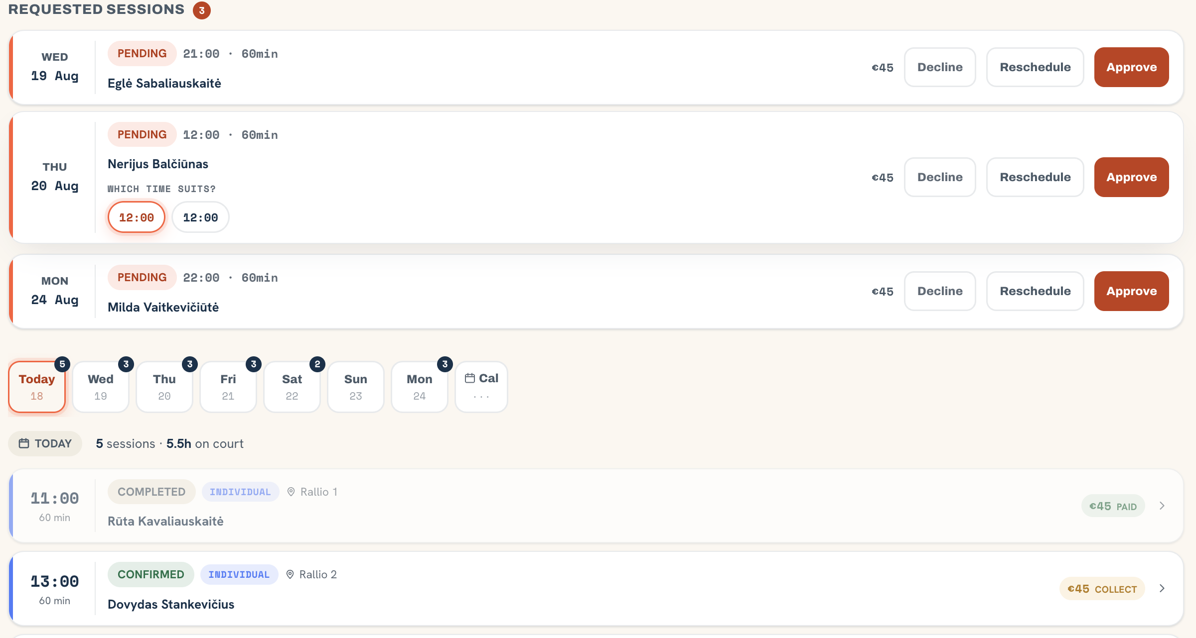 Sessions in the coach web studio — pending requests with approve, reschedule and decline, then the day's confirmed lessons