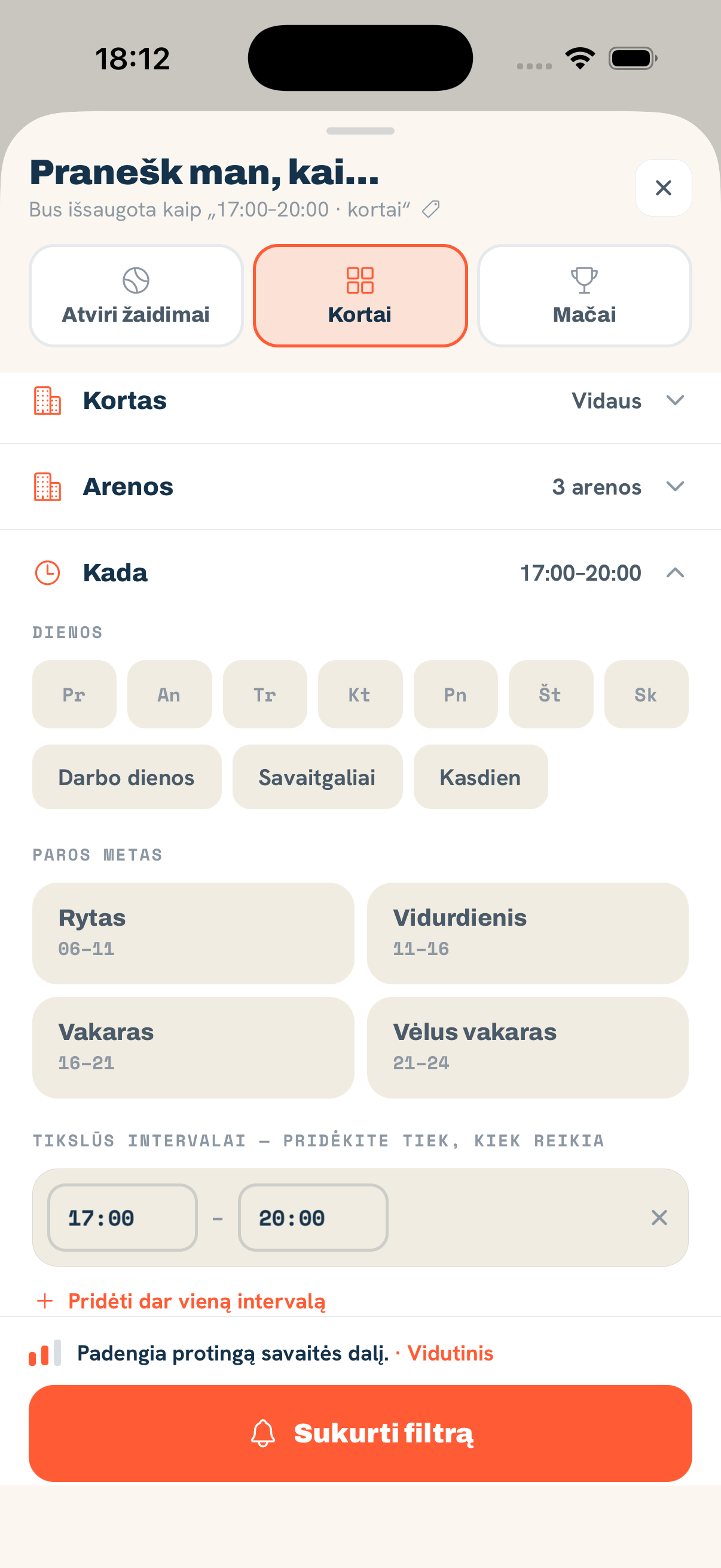 Kortų pranešimų filtrų langas Rallio programėlėje